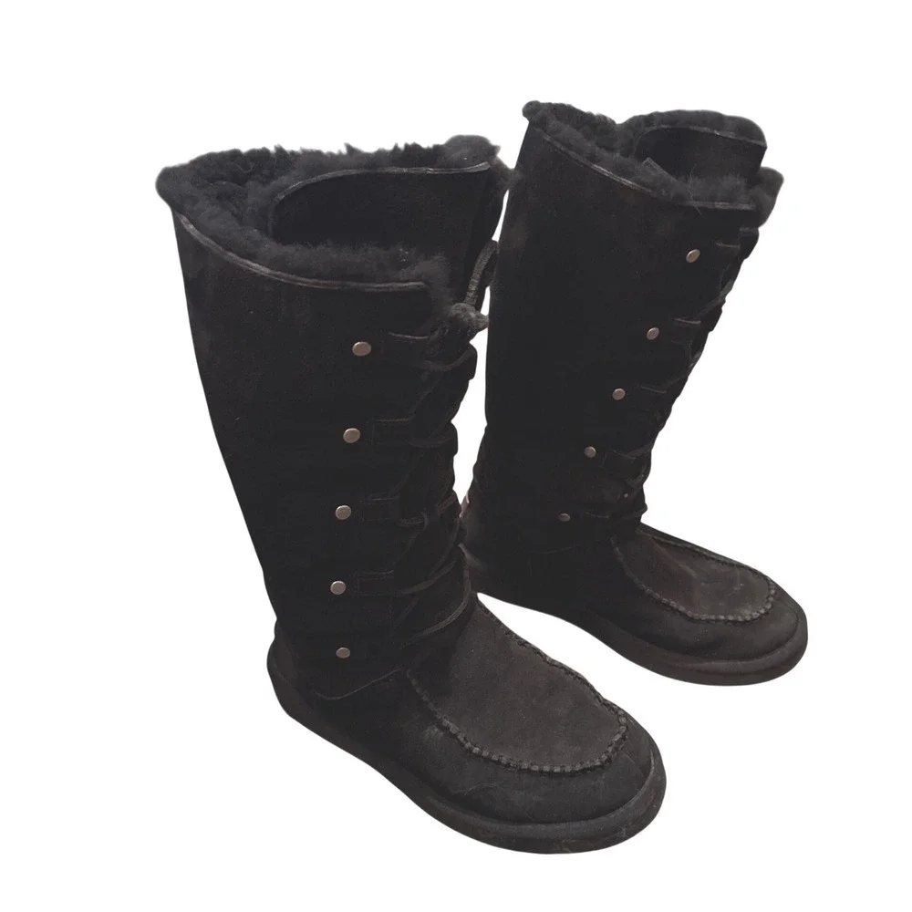 UGG Australia Appalachian Black Suede Shearling Lace Up Boots Warm Women's Sz 8